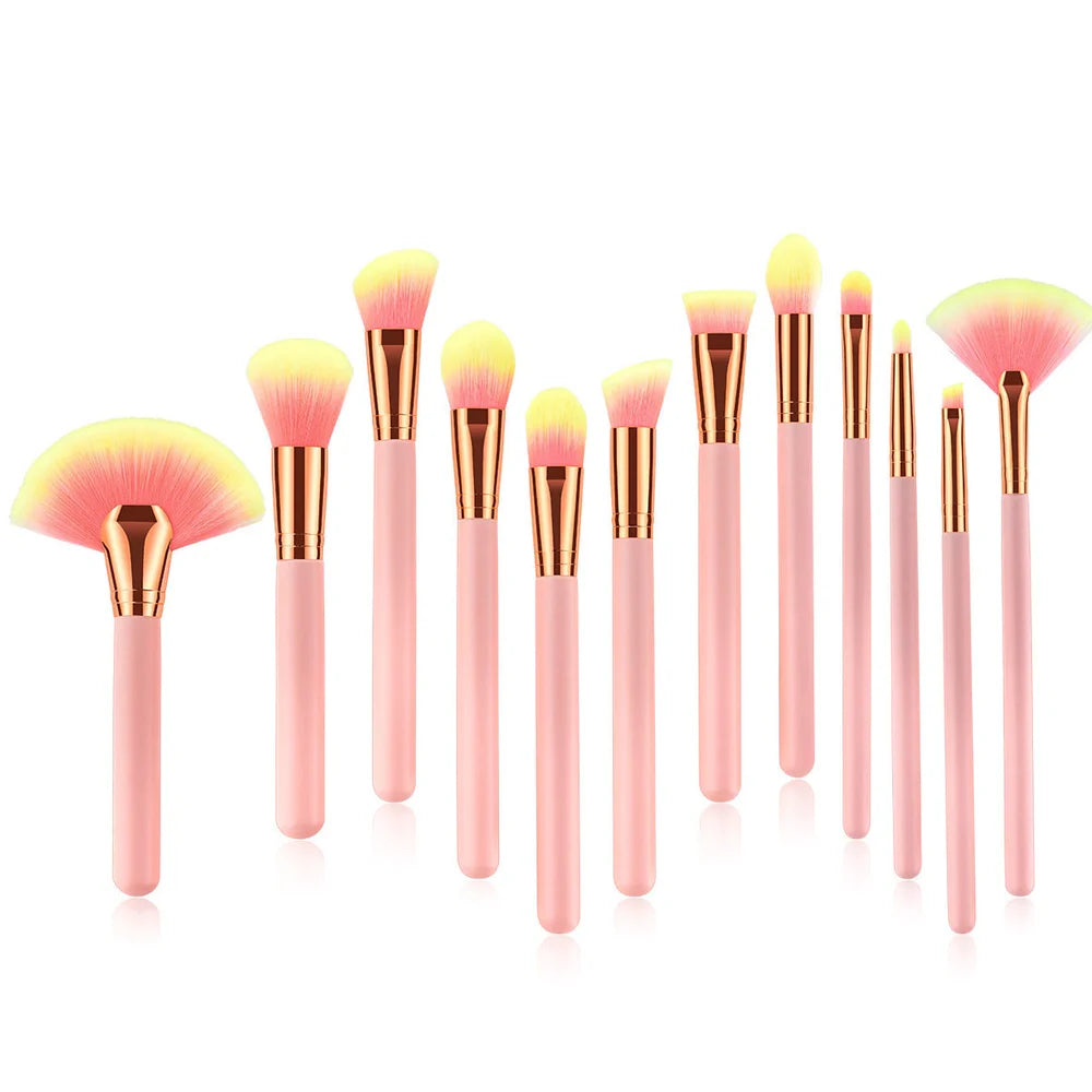12-piece makeup brush set with pink wooden handles showing 10 different brush types for complete application