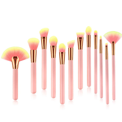 12-piece makeup brush set with pink wooden handles showing 10 different brush types for complete application