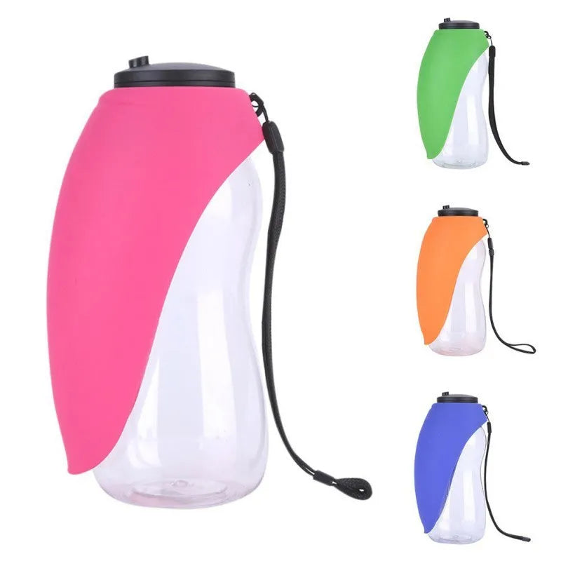 Blue plastic pet water bottle with drinking bowl, 680ml capacity, water lock key