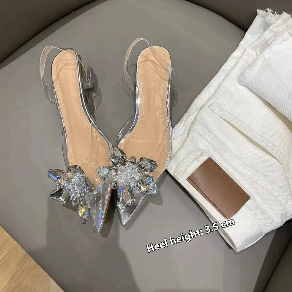 Women's transparent crystal flower high heels with pointed toe in microfiber material