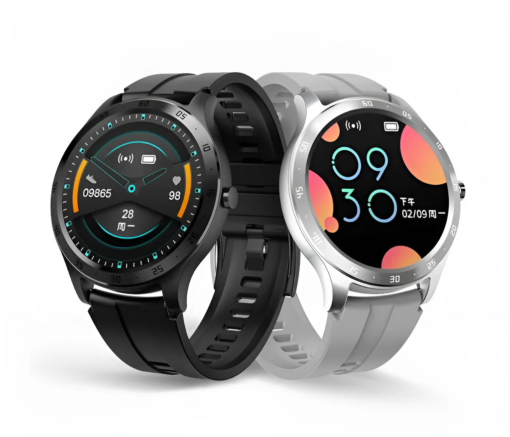 S20 smart fitness bracelet on a wrist, showing its 1.28 inch screen and strap, in black, grey, or pink.