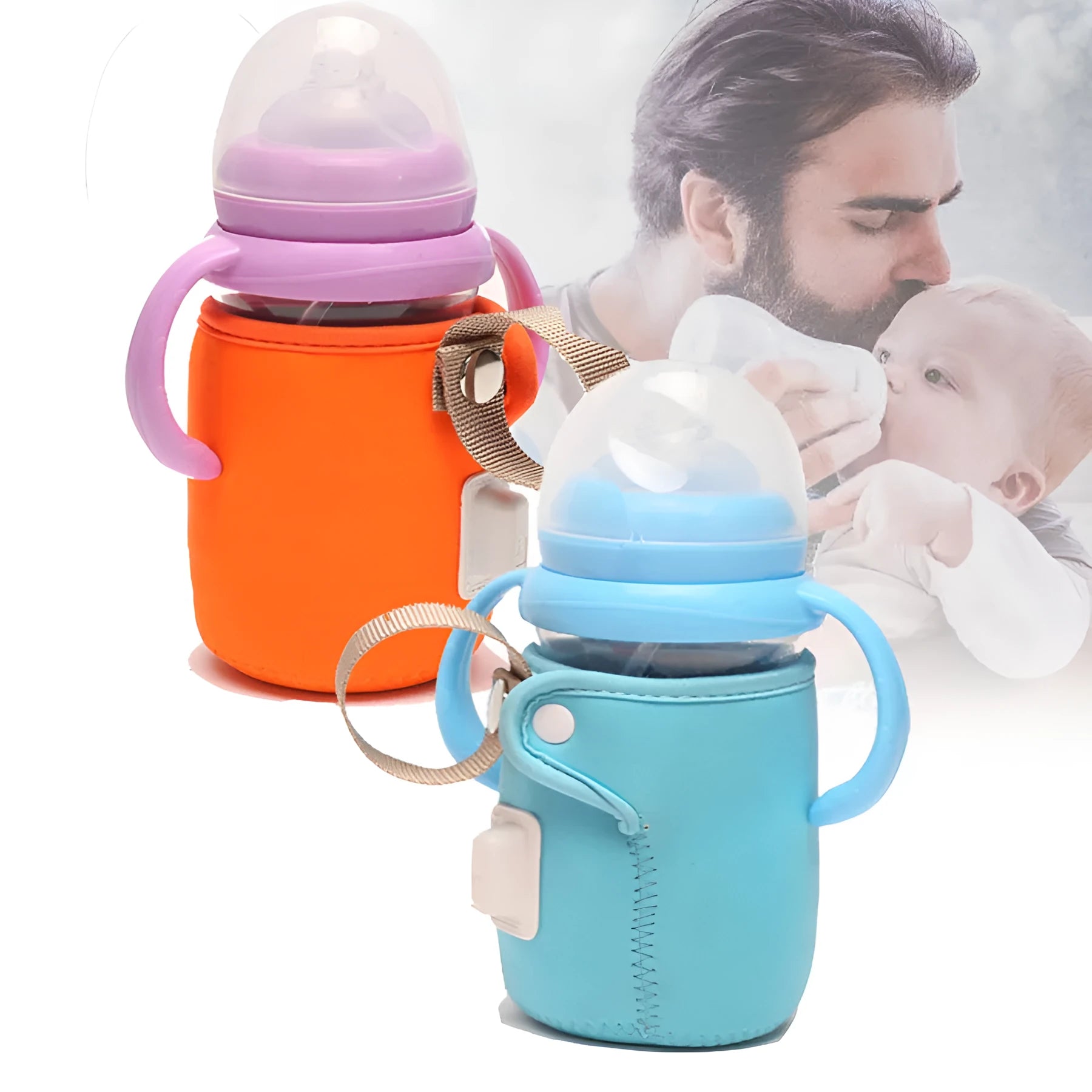 USB baby bottle warmer with cotton sleeve in orange or blue, showing dimensions of 6.5 cm by 10 cm