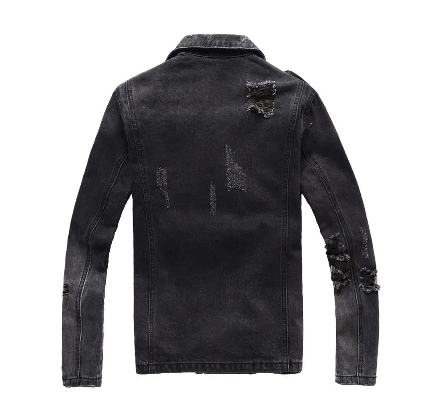 Black slim-fit linen denim jacket with lapel collar and front zipper placket on plain background