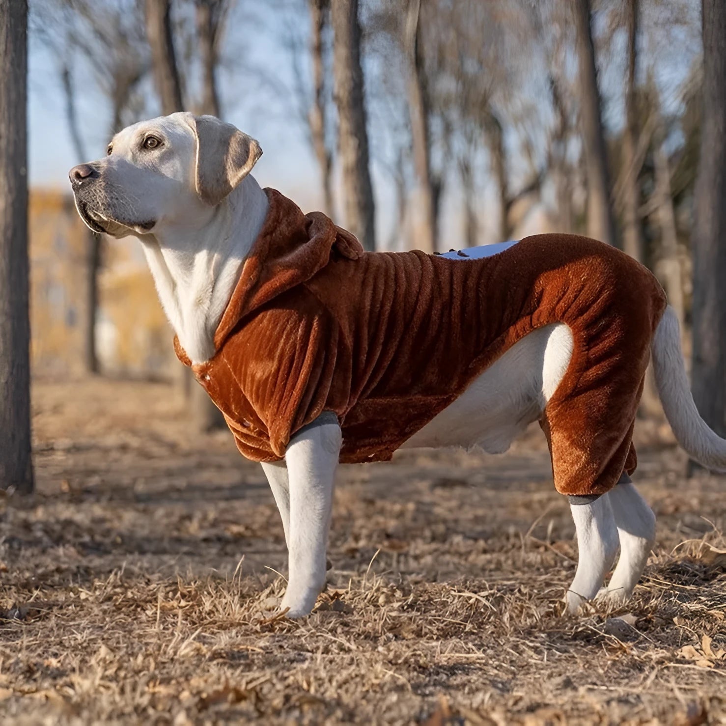 Large dog wearing a coral fleece sweatshirt in a casual style, size 3XL to 9XL available