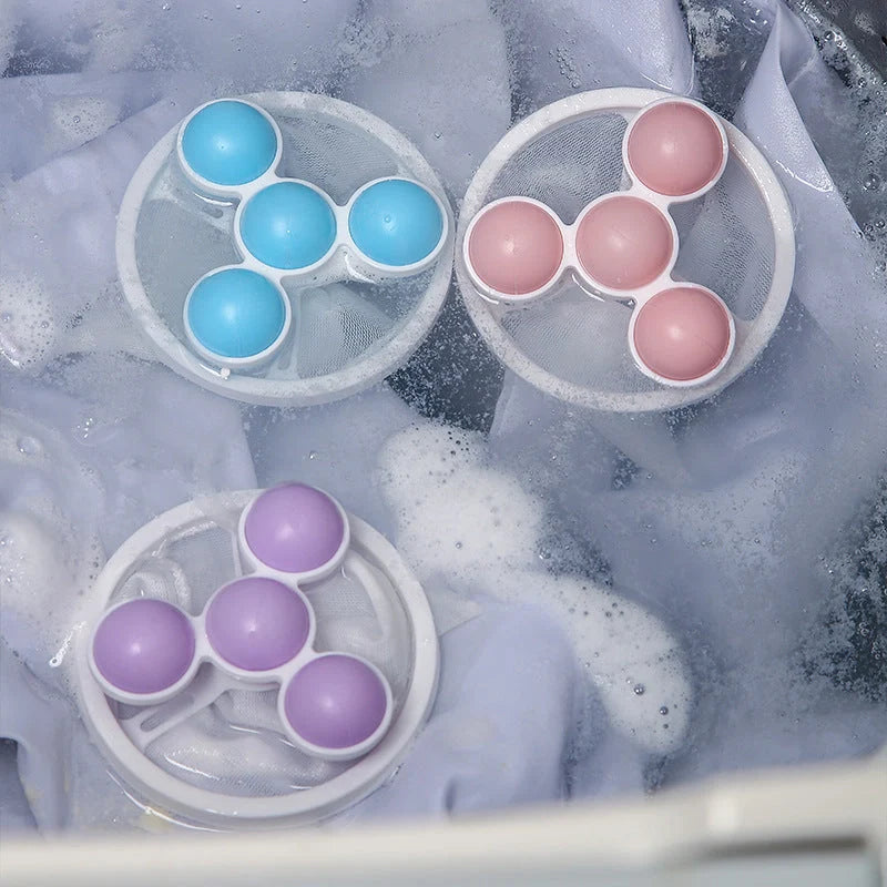 Ultra-fine mesh washing machine lint catcher in purple, blue, and pink for effective hair and lint removal