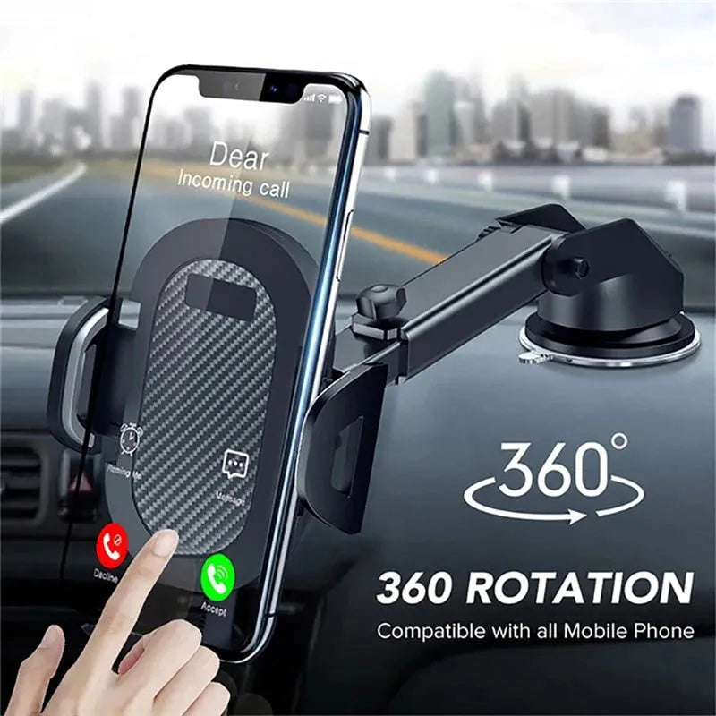 Black universal car phone holder for mobile phones between 4.0 and 7.0 inches wide.