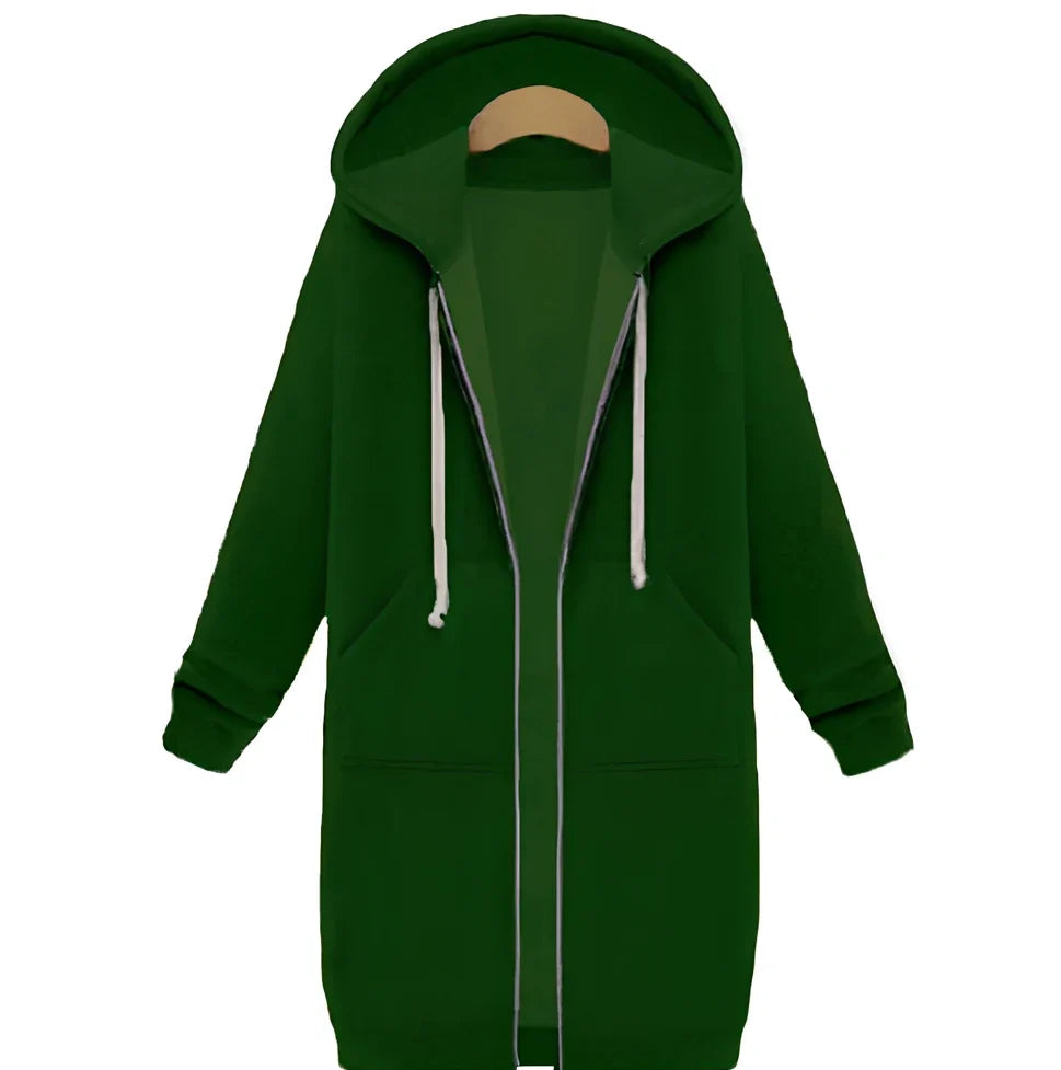 Women's hooded long-sleeved zipper jacket in army green, full length 106cm, 650g broadcloth for winter wear sizes S-5XL