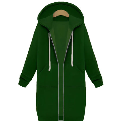 Women's hooded long-sleeved zipper jacket in army green, full length 106cm, 650g broadcloth for winter wear sizes S-5XL