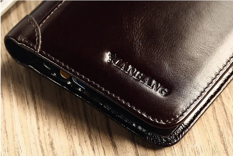 Men's leather wallet showing internal compartments including photo window, card slots and coin pouch