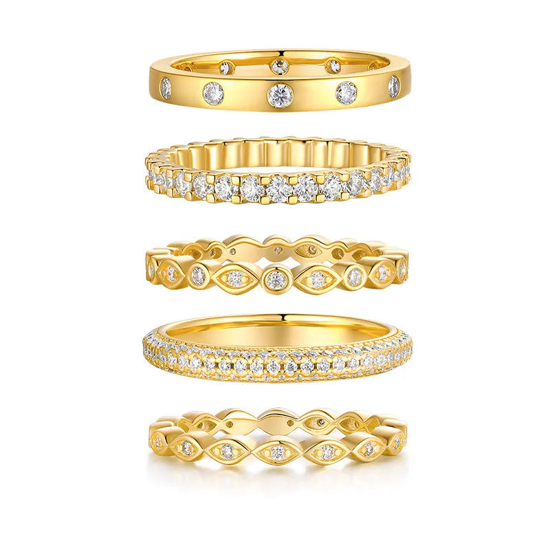 Gold-plated moissanite wedding ring set on white background with gift box, sizes 5-9, GRA certificate