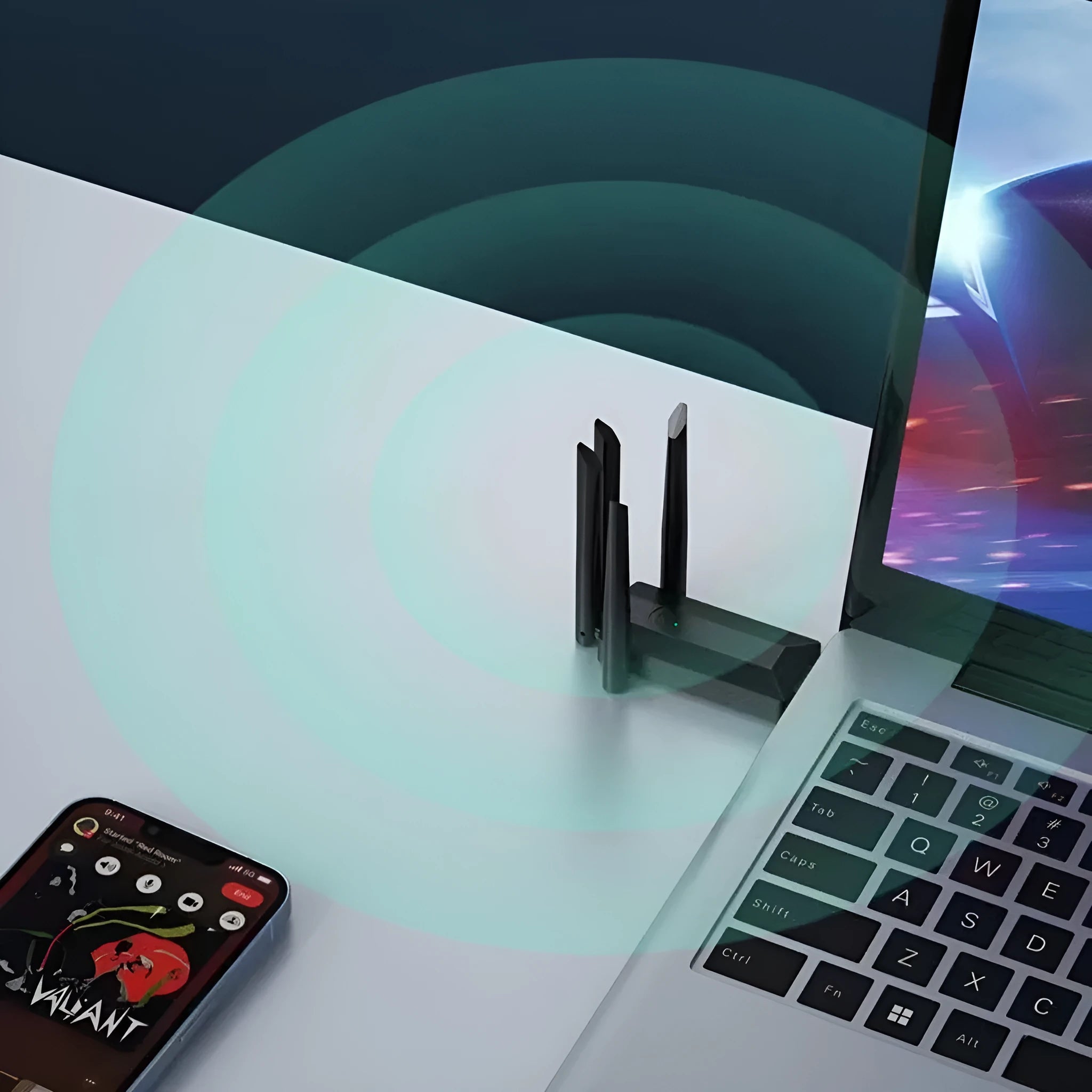 Black USB network transmitter with four extended antennas for computer wireless connectivity