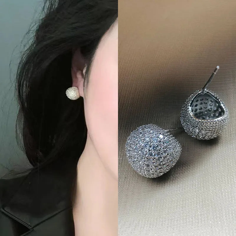 Gold and white drop earrings with geometric sphere design and full diamond little golden beans