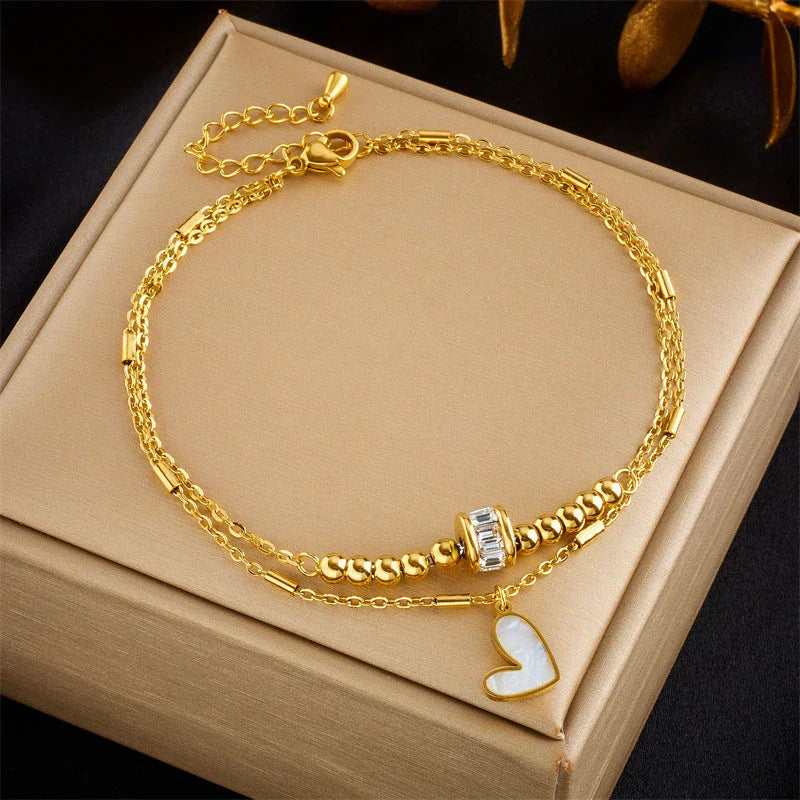 Boho classic love heart ankle chain with double layer design in gold