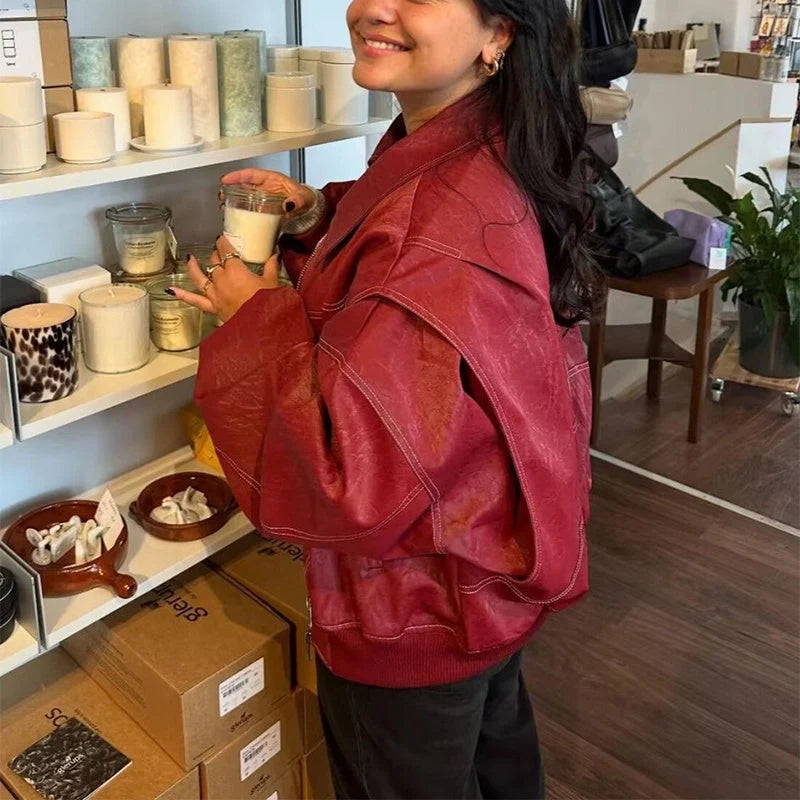 Women's Loose Fashion Lapel Zip-up Jacket in wine red, black, and green with princess sleeves