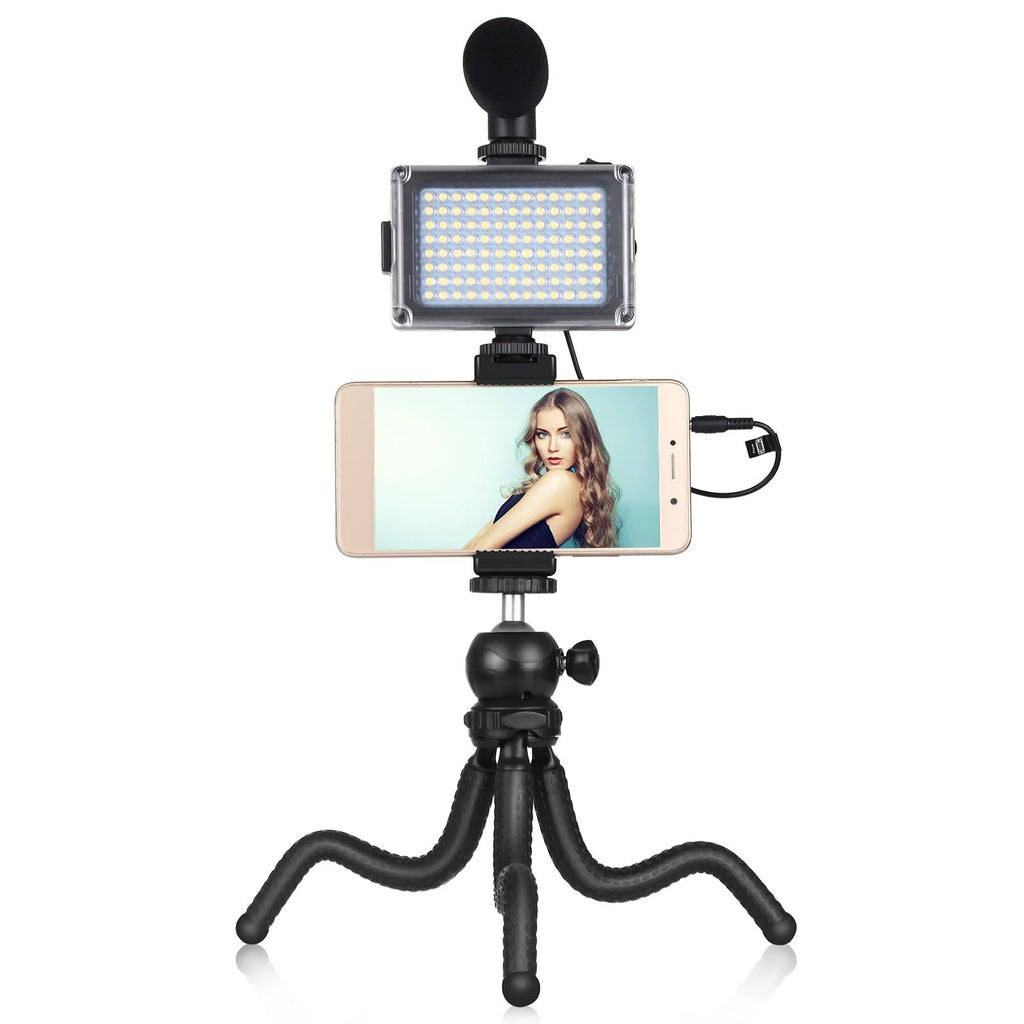 Black octopus-style flexible tripod kit with attached fill light and microphone for live broadcasting.