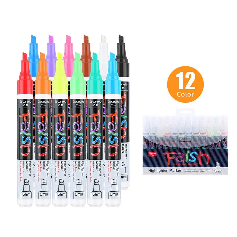 A plastic electronic highlighter with an oblique shape for fluorescent boards, shown with an 8-colour refill pack.
