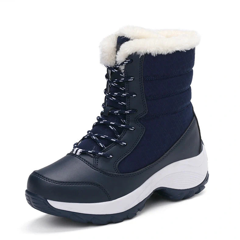 Women's velvet high-top snow boots with wedge heel and artificial hair lining in winter setting