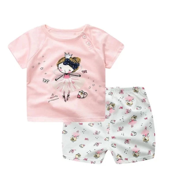 Cotton cartoon T-shirt and pants set for infants, available in various playful designs and sizes from 73cm to 110cm
