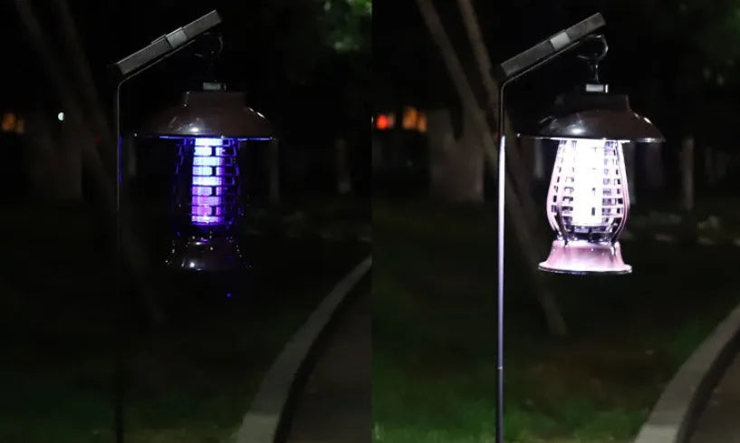 White solar mosquito lamp with purple switch and solar panel for garden insect control