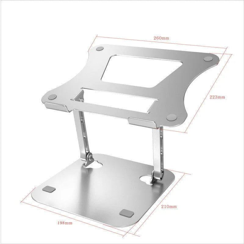Silver aluminium alloy folding notebook cooling rack with open legs, next to a laptop on a desk