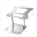 Silver aluminium alloy folding notebook cooling rack with open legs, next to a laptop on a desk