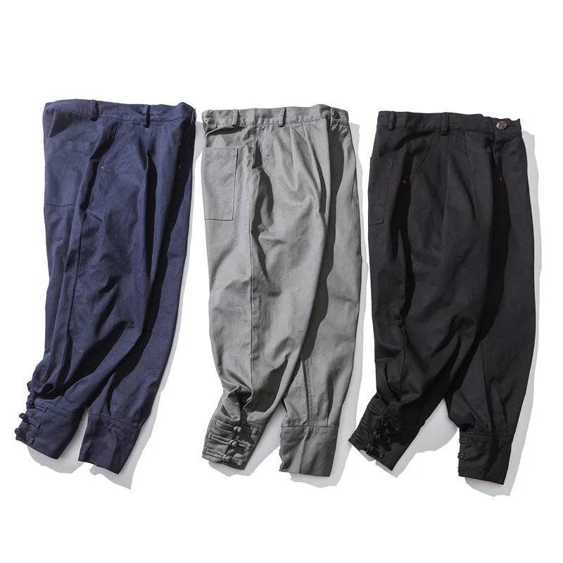 Men's cotton blended casual trousers with mouth buckle and button placket in black, blue, and grey sizes S to 5XL