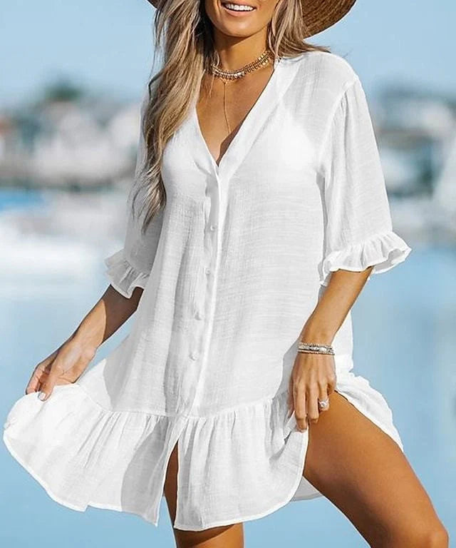 Women's Ruffle Leaf Solid Colour Dress in white, featuring a unique design for style and comfort