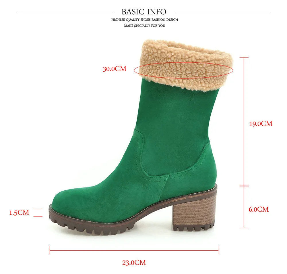 Ankle-high snow boots with plush lining and rubber insole in black, grey, green, and orange colours.