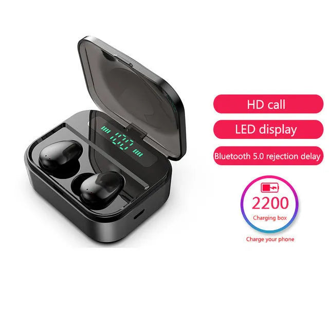 X7LED black and white sports Bluetooth in-ear headphones with charging compartment showing LED display