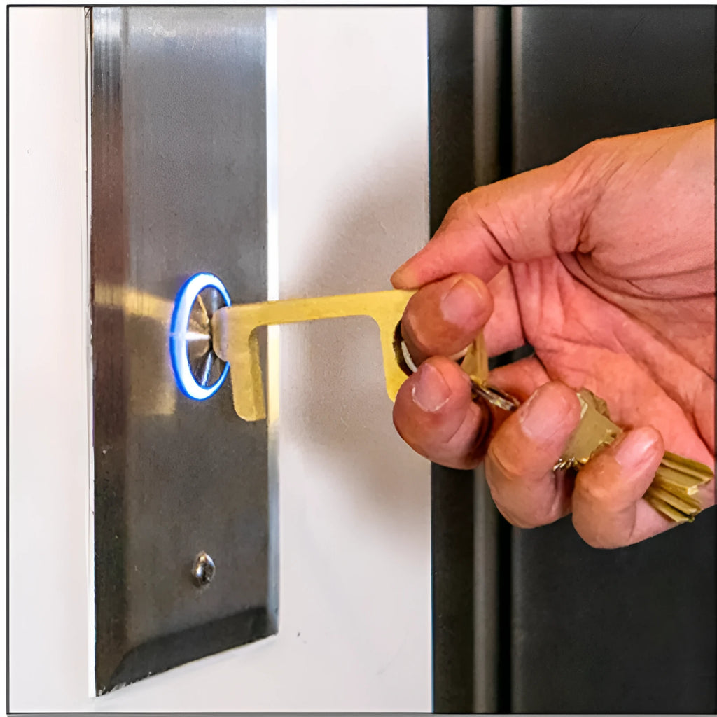 Antibacterial EDC door opener on a key ring, aluminium and copper styles for public touchpoints