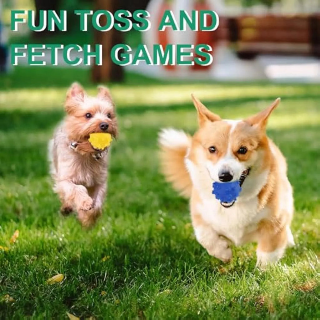 Set of bright blue, green, pink, and yellow spiked squeaky dog balls for small dogs on a lawn.