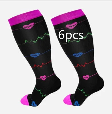 Plus-size compression socks in various stylish patterns for improved leg health and comfort