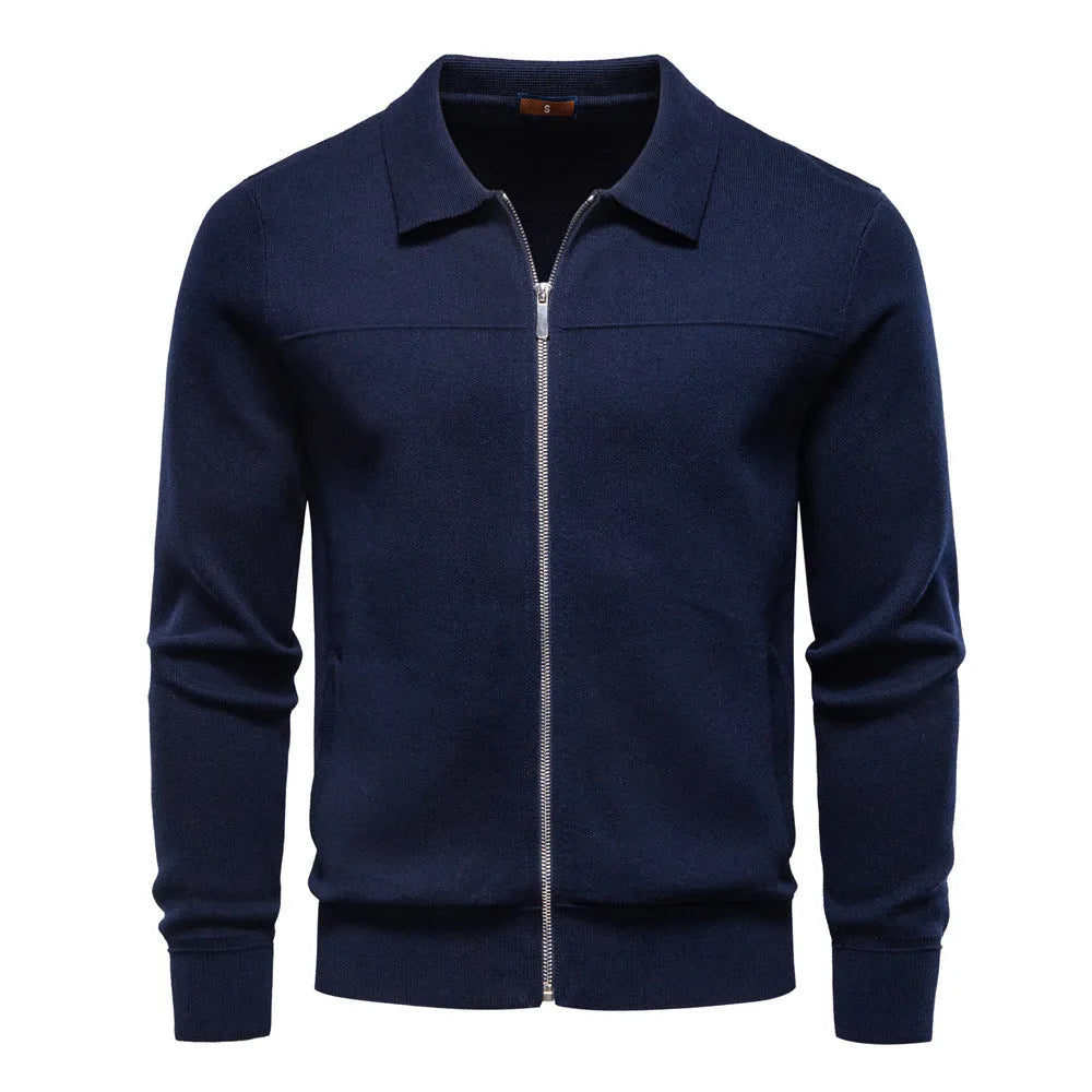 Men's zipper cardigan jacket in 100% cotton, slim fit, black colour, front view