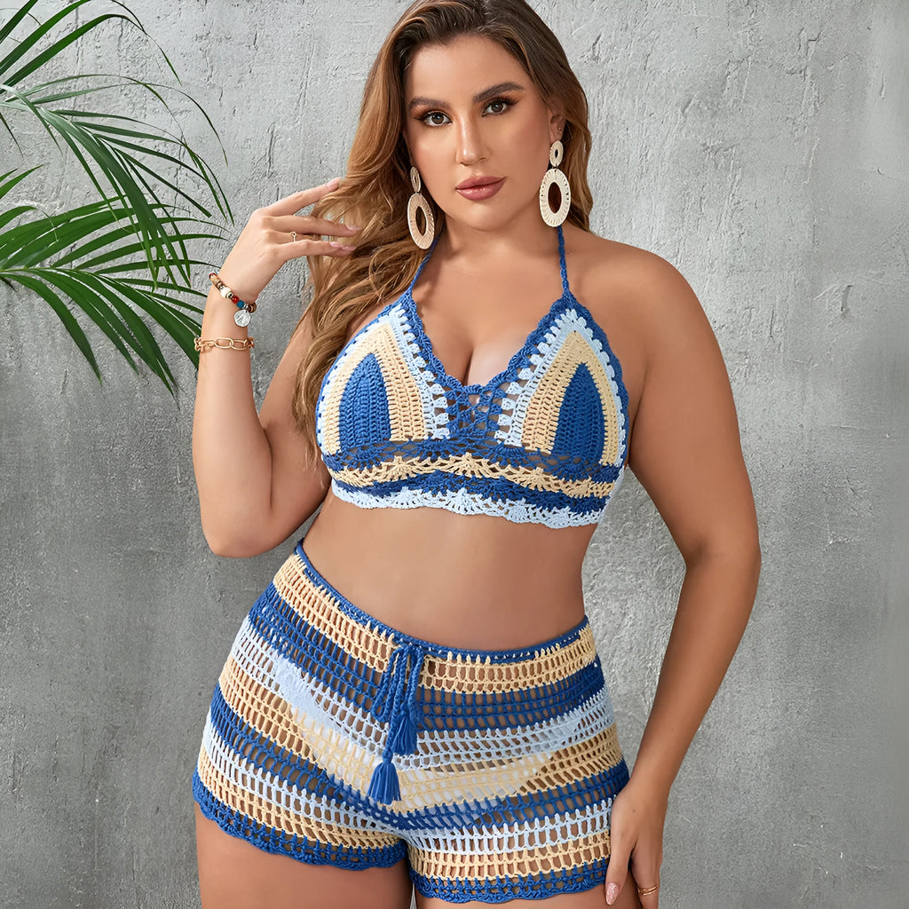 Women's blue hollow out strap swimsuit with briefs-style construction