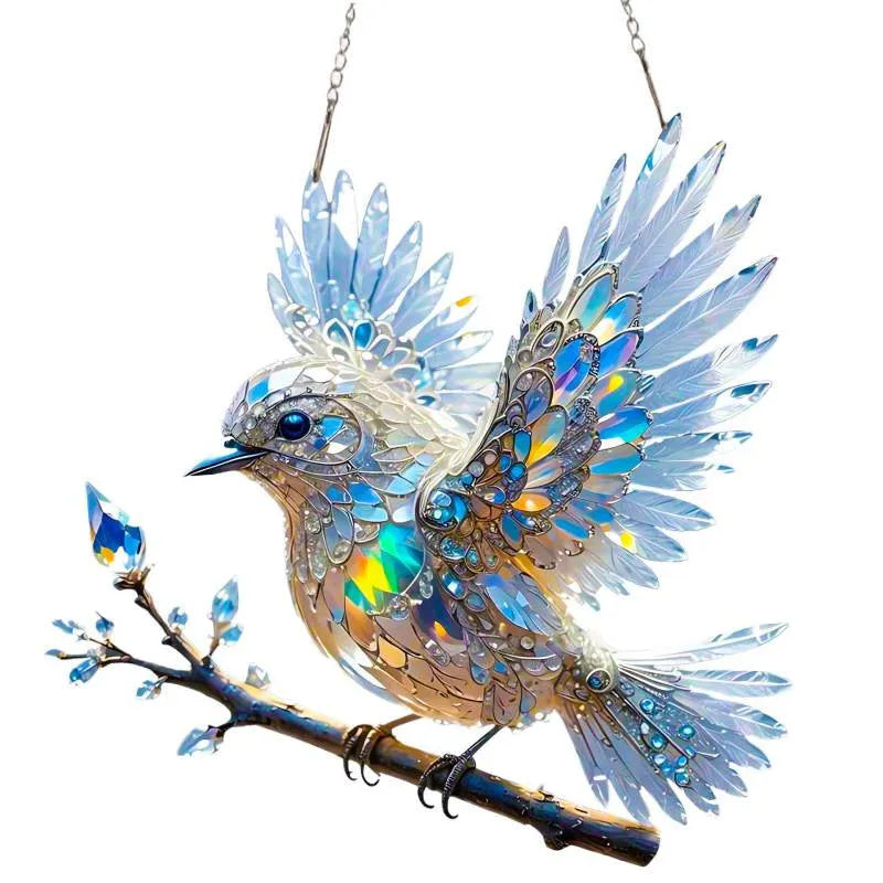Cartoon style bird pendant ornament made from UV-printed acrylic on a square cardboard backing.