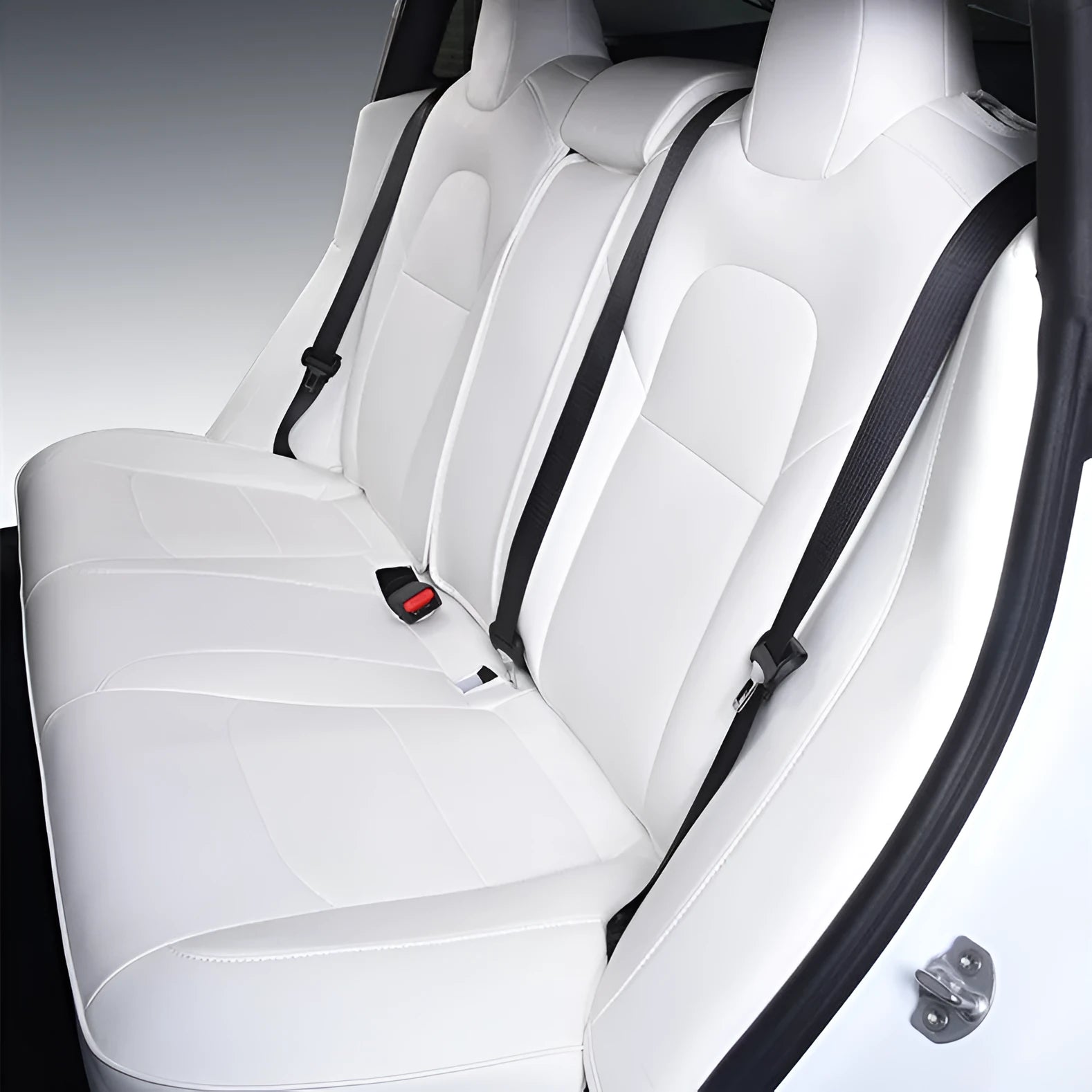 Black PVC chloroprene car seat cover fitted on a Tesla Model 3 front seat.