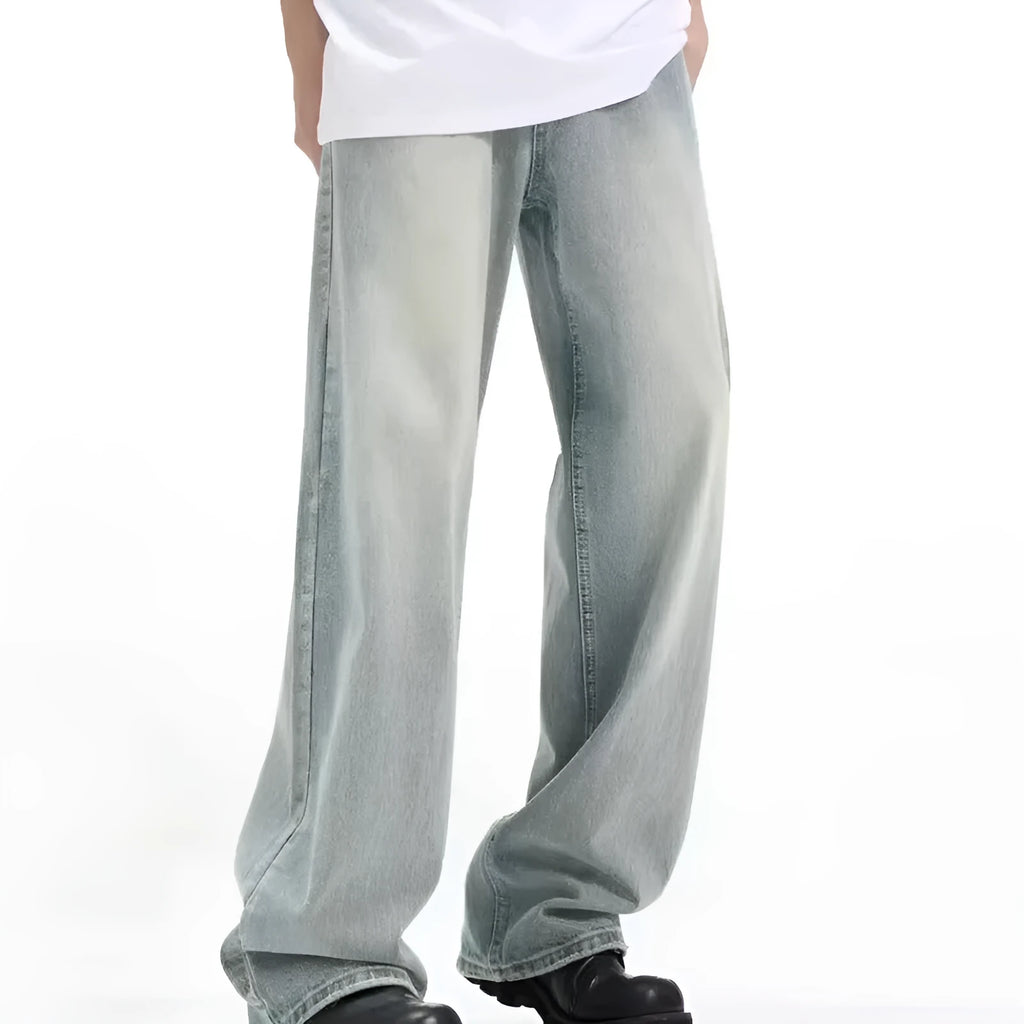Blue retro loose-fit casual trousers made from rabbit fur fabric on a neutral background.