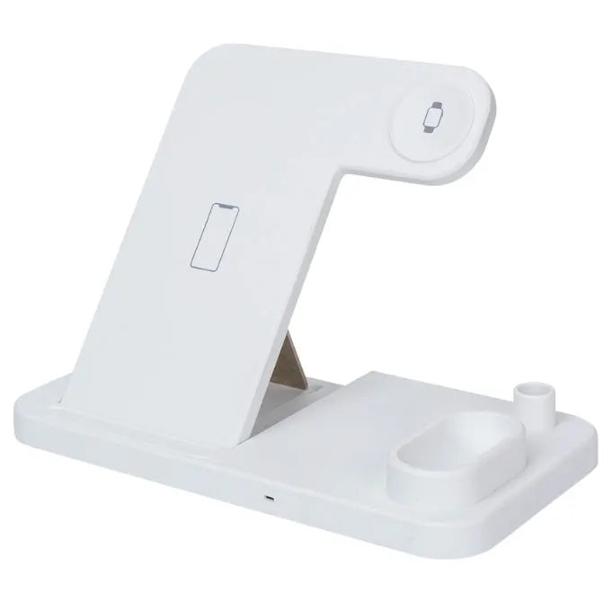 Black 4-in-1 wireless charging station showing phone on adjustable stand, with Apple Watch and AirPods charging on the base.