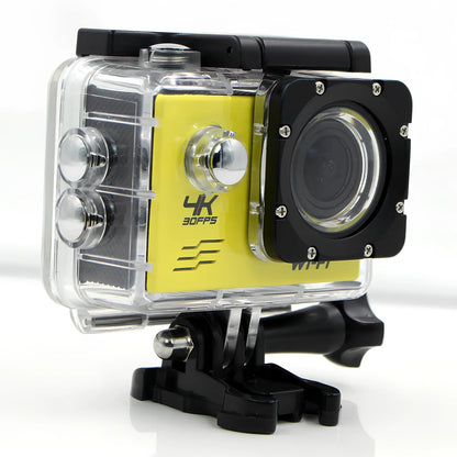 Black 4K HD motion camera with 2.0-inch display and 170-degree lens, dimensions 29.8x59.2x41mm for action sports