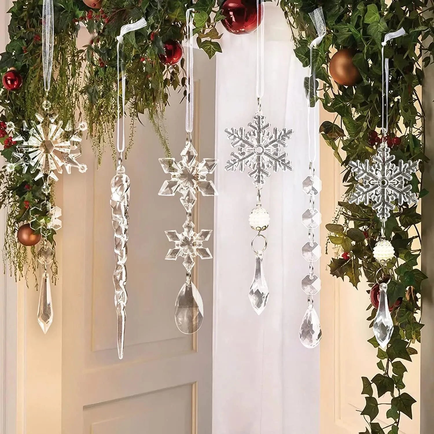 10 clear acrylic ice cone Christmas tree ornaments with white ribbons for hanging