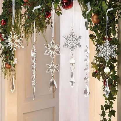 Premium clear acrylic icicle Christmas tree ornaments with hanging ribbons for versatile holiday decoration