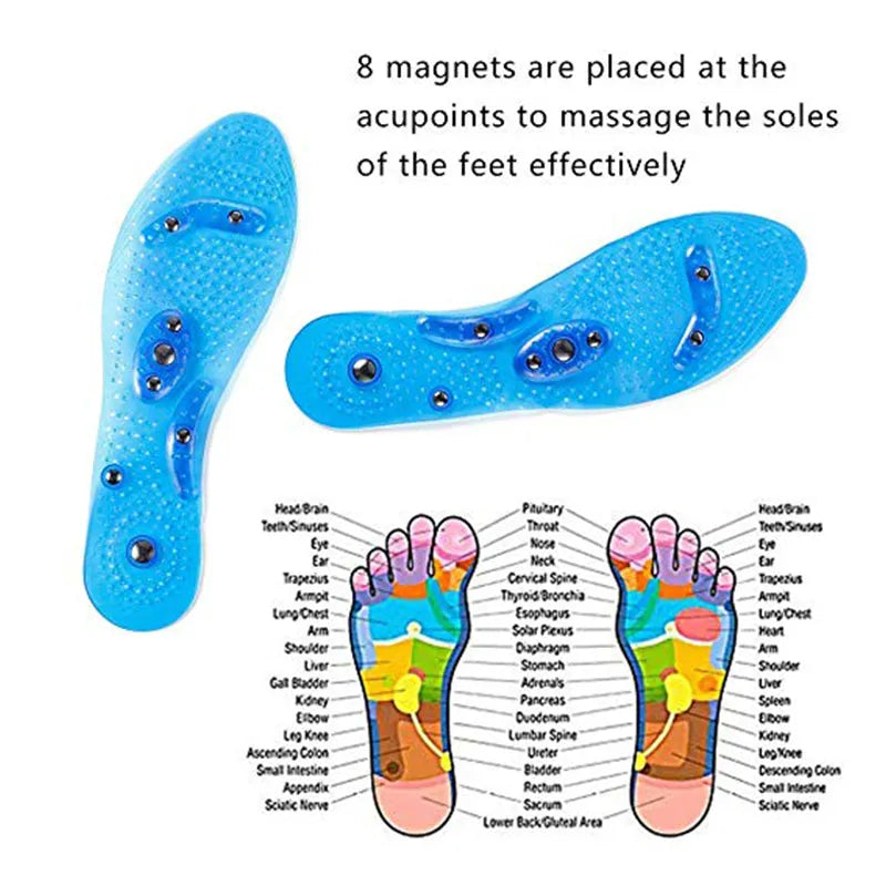 Transparent magnetic massage insole with silicone elastomer, visible magnets and massage nubs, on white background