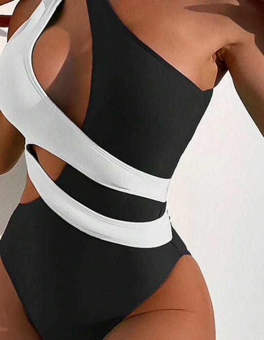 Women's black one-piece swimsuit with cross-colour lace-up front design for adjustable fit during swimming