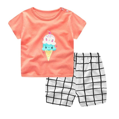 Cotton cartoon T-shirt and pants set for infants, available in various playful designs and sizes from 73cm to 110cm