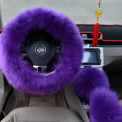 Three-piece wool steering wheel cover showing universal 38cm diameter fit with wool-cashmere blend material