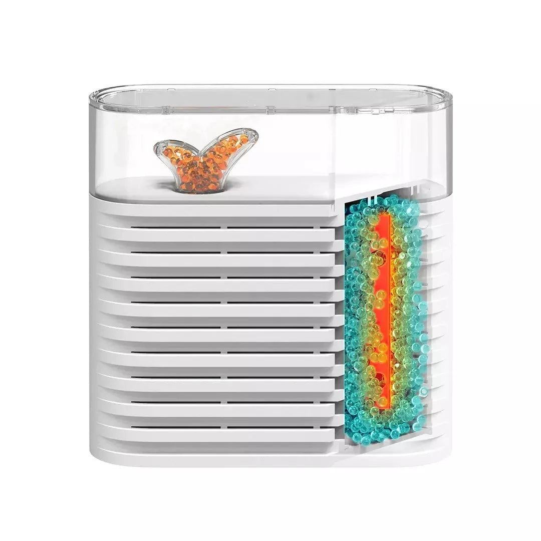 Recyclable dehumidification box with transparent top and moisture indicator for small spaces