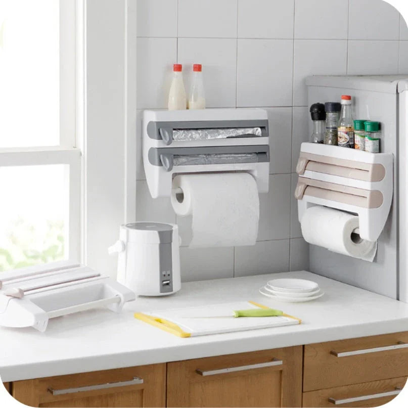 Versatile wall-mounted kitchen storage dispenser with cling film, foil, and paper towel cutting tools
