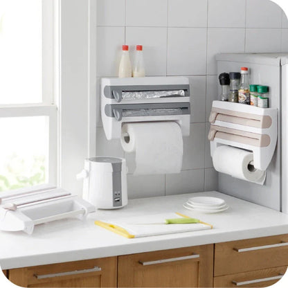 Versatile wall-mounted kitchen storage dispenser with cling film, foil, and paper towel cutting tools