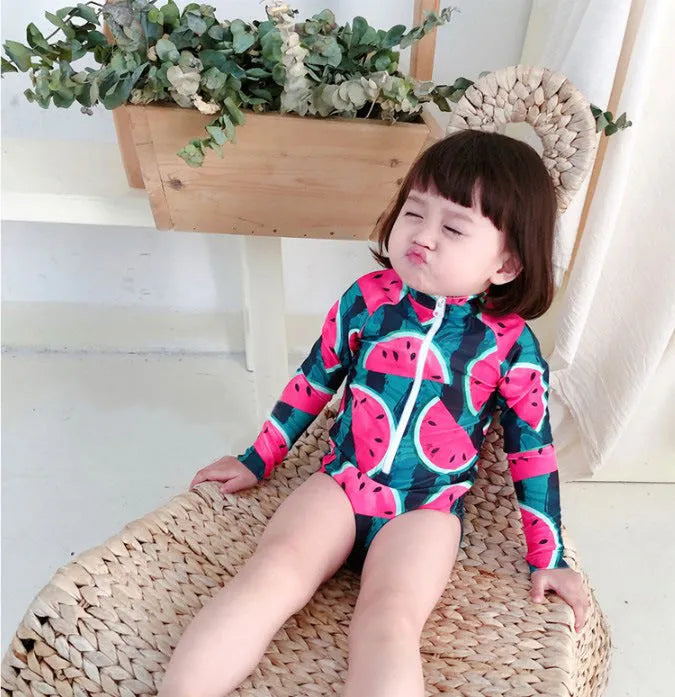 Cool watermelon children's swimsuit set with long sleeves and fruit print for girls