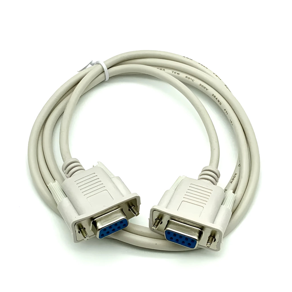 Milky white female to female DB9 RS232 serial cable, 1.5 metres long.